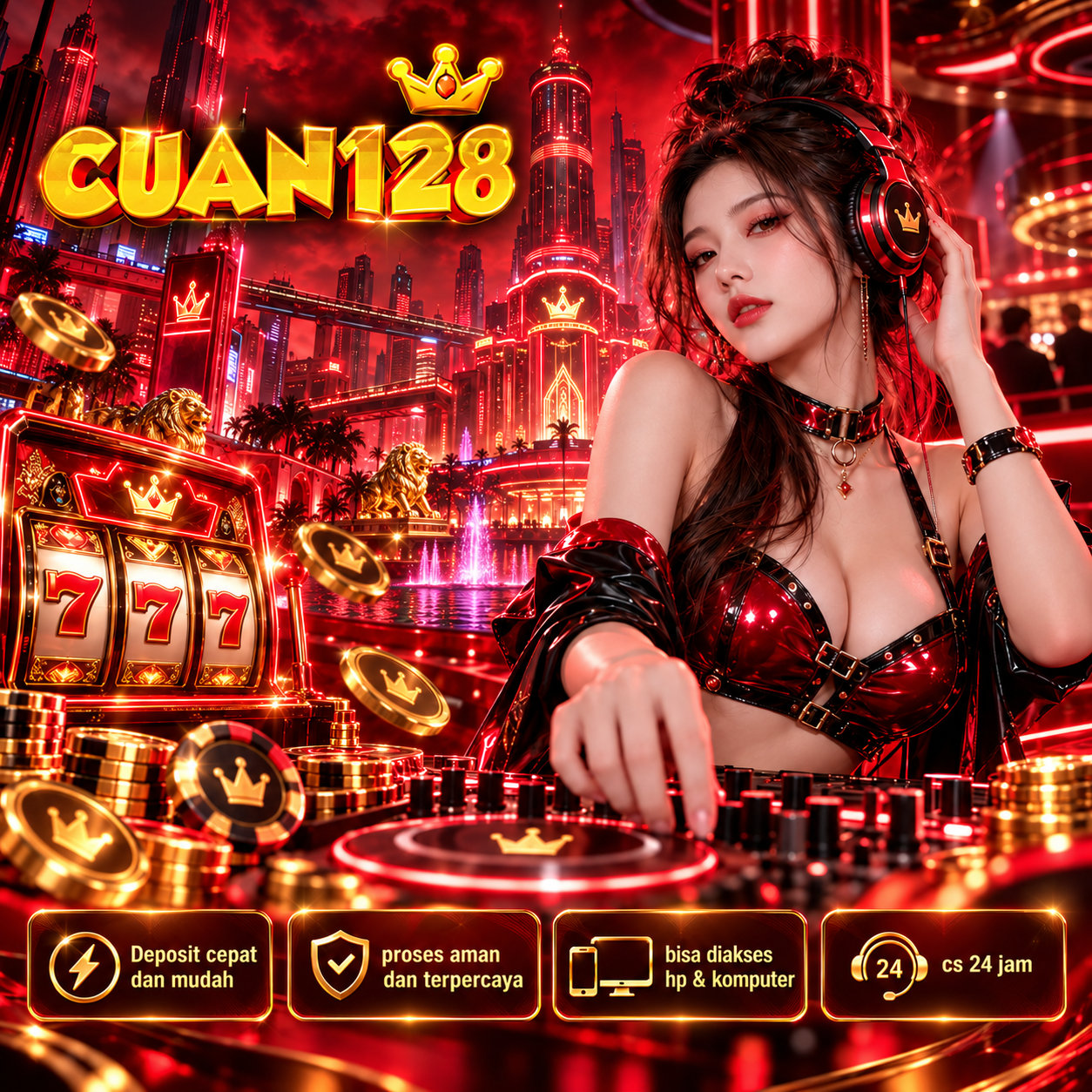 Poster CUAN128 dengan kota merah futuristis, karakter ber-headphone dan elemen emas